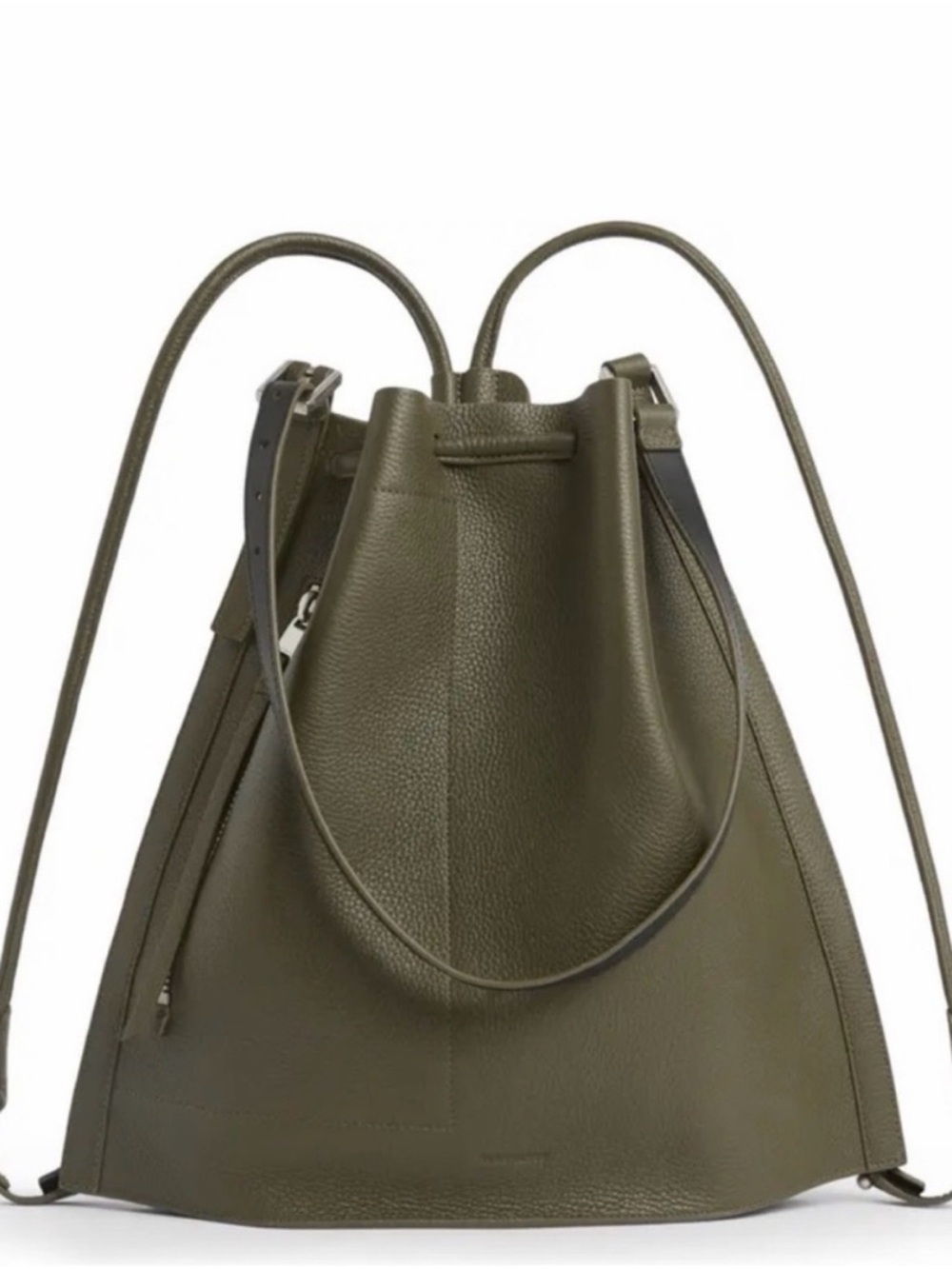 All Saints Olive Green Pebbled Leather Drawstring Backpack